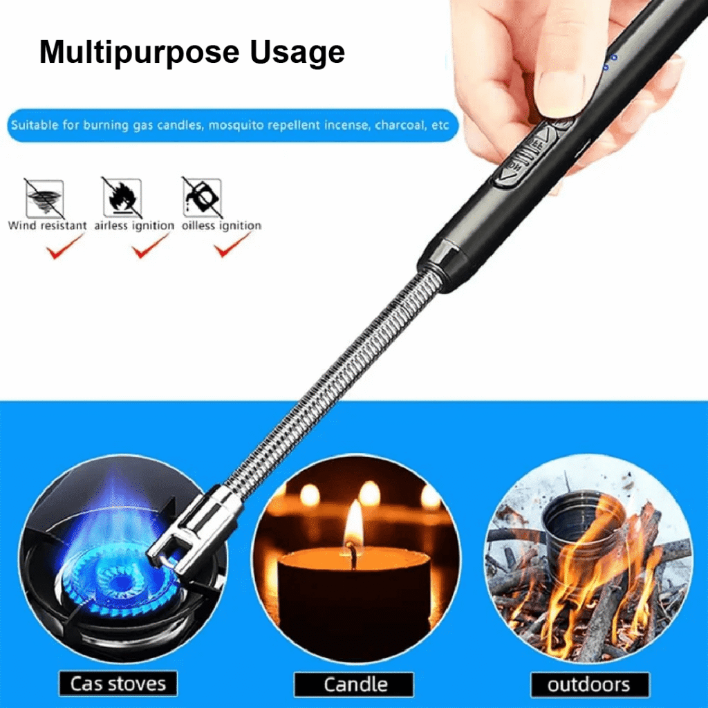 Windproof rechargeable electric arc lighter lighting a kitchen gas stove
