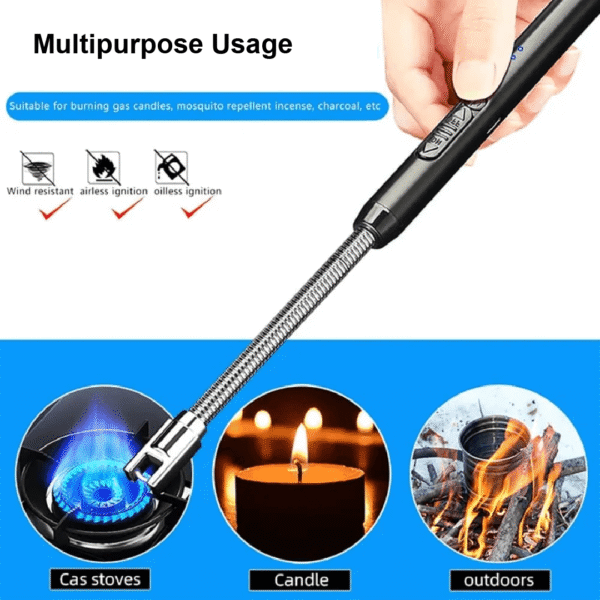 Windproof rechargeable electric arc lighter lighting a kitchen gas stove