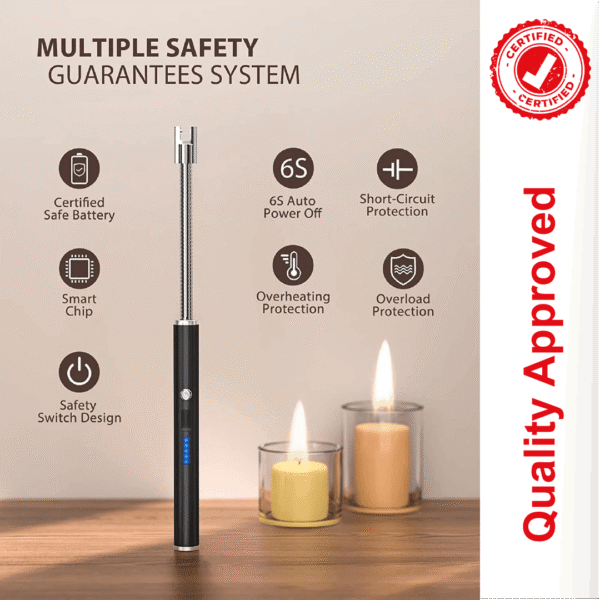 Electric arc lighter key features: certified battery, smart chip, short-Circuit protection, overheating protection and safety switch