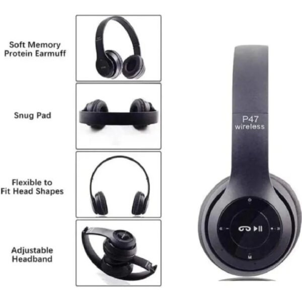 p47 foldable wireless headphone with compact adjustable design